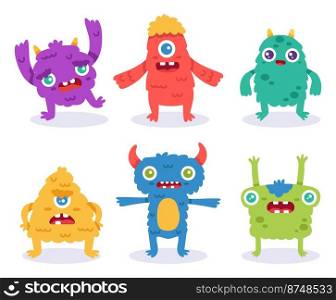 Cartoon monster characters. Colorful funny creatures in different positions. Spooky furry animals for halloween. Smiling and roaring beasts with cheerful and angry expressions isolated vector set. Cartoon monster characters. Colorful funny creatures in different positions. Spooky furry animals for halloween