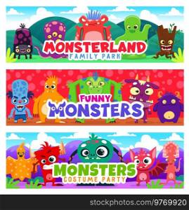 Cartoon monster characters. Horizontal vector background or banner with five eyed octopus, slime monster and angry tree stump, evil blue zombie, funny yeti and furious devil strange monster personages. Party banners with cartoon cute monster characters