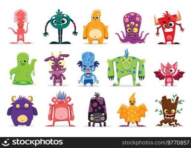 Cartoon monster characters of vector cute aliens, Halloween beasts, animal, space and ghost creatures with angry and happy faces, crazy smiles and ugly teeth. Funny toys of goblins, trolls, gremlins. Cartoon monster characters, alien, Halloween beast