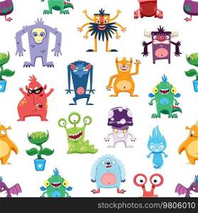 Cartoon monster characters seamless pattern. Cute monster personages background. Textile print with angry bull, alien three eyed snail and predator plant, evil mushroom, fluffy beast and yeti zombie. Cartoon monster characters seamless pattern