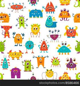 Cartoon monster characters seamless pattern. Funny Halloween monsters and cute alien creatures vector background of colorful beasts with happy smiling faces, teeth, crazy eyes, wings and horns. Cartoon monster characters seamless pattern