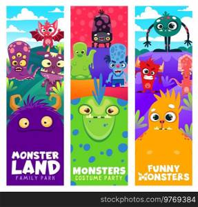 Cartoon monster characters. Vertical backgrounds or vector banners with funny baby bat, alien five eyed octopus and blue zombie, angry devil, cute orange yeti and squid silly monsters personages. Cartoon monster characters vertical banners
