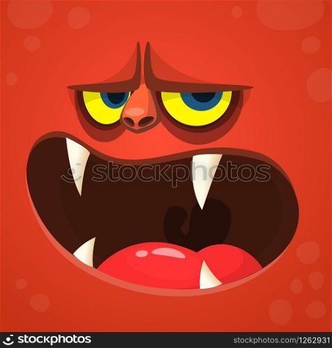 Cartoon monster devil face. Vector Halloween red monster avatar with open mouth with sharp teeth