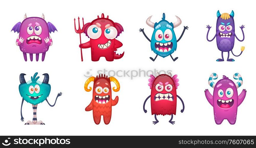 Cartoon monster emoticon set with isolated characters of funny beasts representing different facial emotions and smileys vector illustration