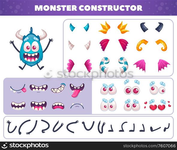 Cartoon monster emoticons set of isolated elements for creating funny doodle character with eyes and mouths vector illustration