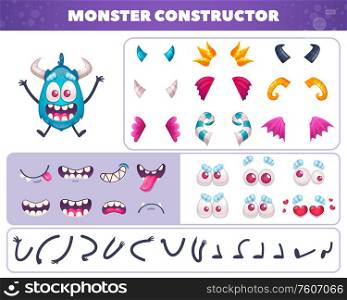 Cartoon monster emoticons set of isolated elements for creating funny doodle character with eyes and mouths vector illustration