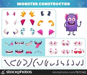 Cartoon monster emoticons set with face mask elements and constructor pieces for doodle beast character creation vector illustration
