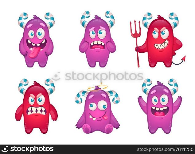 Cartoon monster emoticons set with funny doodle characters of crazy childish beasts isolated on blank background vector illustration