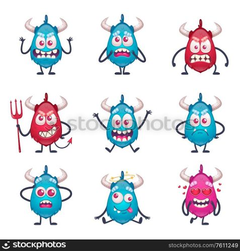 Cartoon monster emoticons set with isolated characters of doodle style monsters on blank background with horns vector illustration