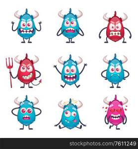 Cartoon monster emoticons set with isolated characters of doodle style monsters on blank background with horns vector illustration