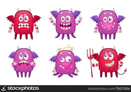 Cartoon monster emoticons set with six characters of childish beasts with wings isolated on blank background vector illustration