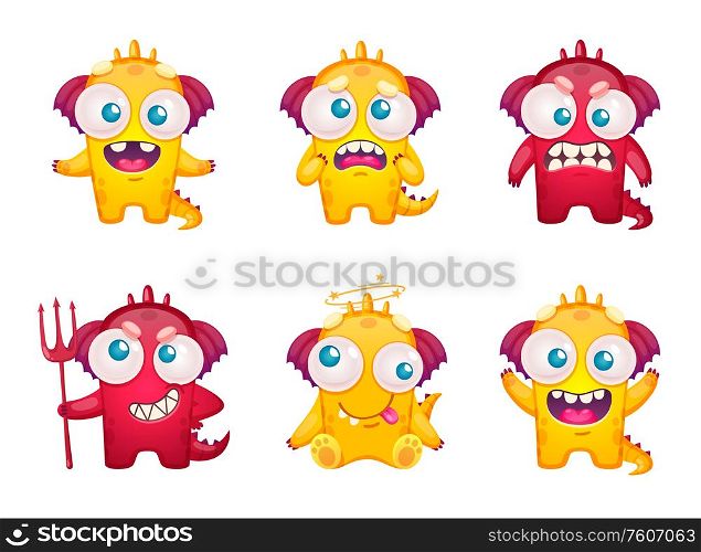 Cartoon monster emoticons set with six isolated characters of funny tailed beast characters on blank background vector illustration
