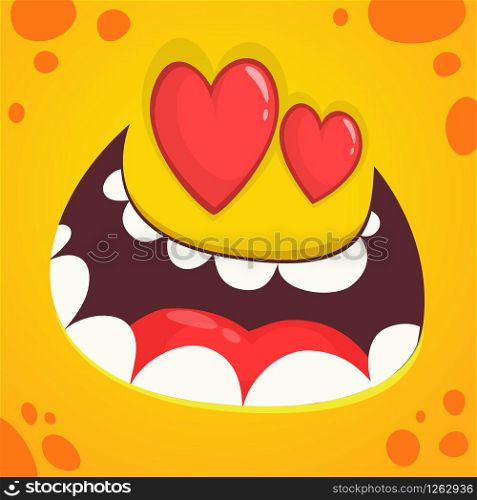 Cartoon monster face in love with a heart shaped eyes. Vector Halloween orange monster avatar for St. Valentine&rsquo;s Day