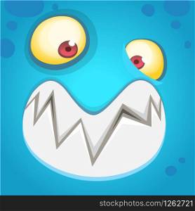 Cartoon monster face isolated . Vector Halloween blue happy monster square avatar