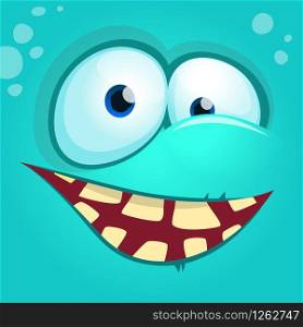 Cartoon monster face isolated . Vector Halloween blue happy monster square avatar. Design for t-shirt, sticker, print or party invitation