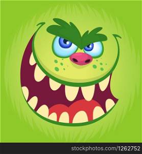 Cartoon monster face isolated . Vector Halloween happy monster square avatar. Funny troll, gremlin or goblin face