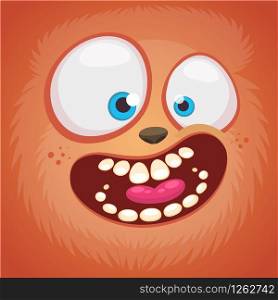 Cartoon monster face isolated . Vector Halloween pink furry happy monster square avatar. Design for t-shirt, sticker, print or party invitation