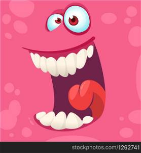 Cartoon monster face isolated . Vector Halloween pink happy monster square avatar