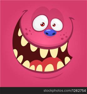 Cartoon monster face isolated . Vector Halloween pink happy monster square avatar. Funny troll, gremlin or goblin face