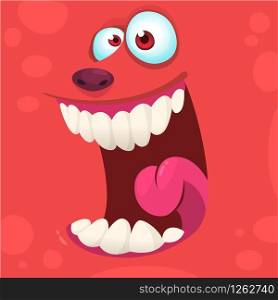Cartoon monster face isolated . Vector Halloween red happy monster square avatar