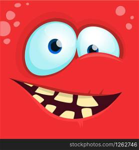 Cartoon monster face isolated . Vector Halloween red happy monster square avatar. Design for t-shirt, sticker, print or party invitation