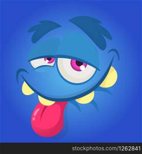 Cartoon monster face. Vector Halloween blue happy monster square avatar