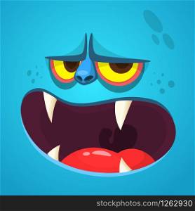 Cartoon monster face. Vector Halloween blue monster avatar with open mouth with sharp teeth