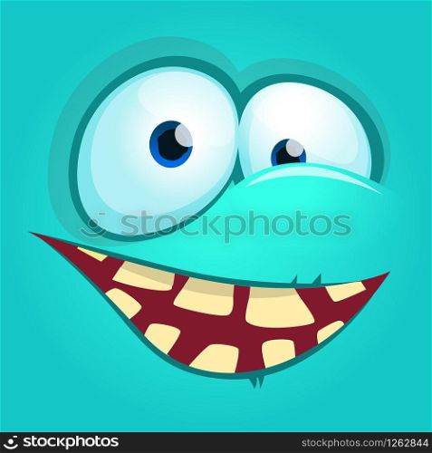 Cartoon monster face. Vector Halloween blue monster avatar with wide smile