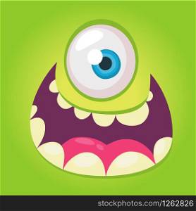 Cartoon monster face. Vector Halloween green cool monster avatar with wide smile. Big set of monster faces. Package design