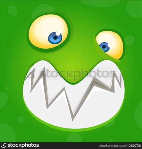 Cartoon monster face. Vector Halloween green happy cool monster avatar. Party mask