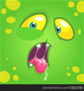 Cartoon monster face. Vector Halloween green happy cool monster avatar. Party mask