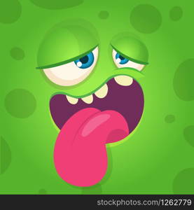 Cartoon monster face. Vector Halloween green happy cool monster avatar. Party mask