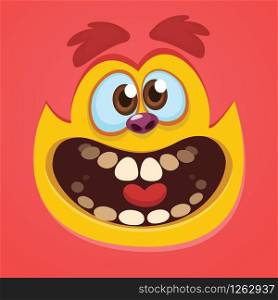 Cartoon monster face. Vector Halloween green monster avatar with wide smile
