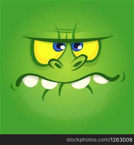 Cartoon monster face. Vector Halloween green zombie or dragon monster avatar