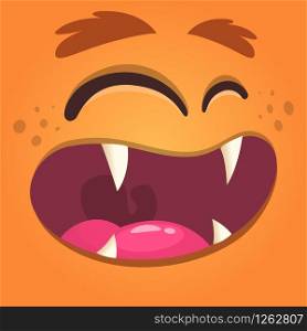 Cartoon monster face. Vector Halloween orange cool monster avatar with wide smile