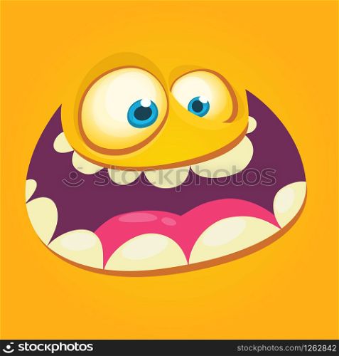 Cartoon monster face. Vector Halloween orange cool monster avatar with wide smile. Prints design for t-shirts