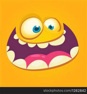 Cartoon monster face. Vector Halloween orange cool monster avatar with wide smile. Prints design for t-shirts