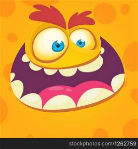 Cartoon monster face. Vector Halloween orange happy monster square avatar. Design for t-shirt, sticker, print or party invitation
