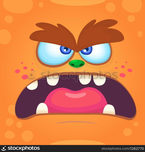 Cartoon monster face. Vector Halloween orange mad angry monster