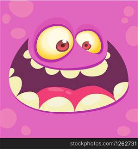 Cartoon monster face. Vector Halloween pink monster avatar with wide smile. Prints design for t-shirts