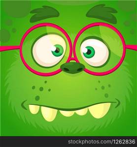 Cartoon monster face wearing eyeglasses. Vector Halloween funny green smart monster square avatar