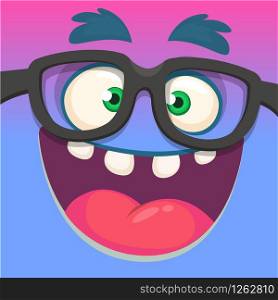 Cartoon monster face wearing glasses. Vector illustration