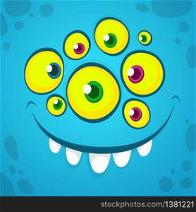 Cartoon monster face with many eyes. Vector Halloween blue monster avatar with wide smile