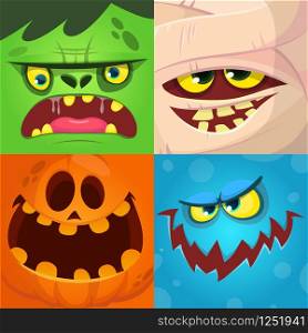 Cartoon monster faces vector set. Cute square avatars and icons. Monster, pumpkin face, mummy, zombie