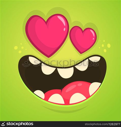 Cartoon Monster In Love with a heart shaped eyes. Vector Halloween green monster avatar for St. Valentine&rsquo;s Day. Design for postcard greeting