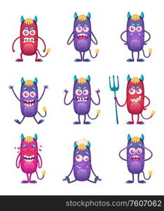 Cartoon monster isolated emoticons set with nine funny characters of violet and red colored smiley monsters vector illustration