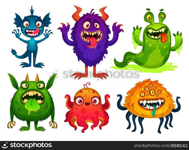 Cartoon monster mascot. Halloween funny monsters, bizarre goofy gremlin with horn and silly furry, alien creations. Cartoons fluffy creatures spooky character vector isolated icon illustration set. Cartoon monster mascot. Halloween funny monsters, bizarre gremlin with horn and furry creations. Cartoons character vector illustration
