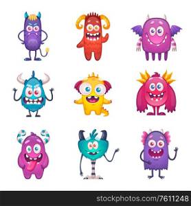 Cartoon monster set with nine isolated characters on blank background with funny doodle style emoticon beasts vector illustration