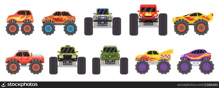 Cartoon monster trucks designs side and front view. Offroad race cars with large wheels and fire. Extreme sport heavy vehicles vector set. Huge auto transport for speed competition. Cartoon monster trucks designs side and front view. Offroad race cars with large wheels and fire. Extreme sport heavy vehicles vector set