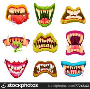 Cartoon monster werewolf and vampire jaws with sharp fangs and tongues, vector Halloween masks. Monster moth of scary evil smile faces of beast, zombie or alien horror creature and devil jaw teeth. Cartoon monster, werewolf, vampire jaws, Halloween